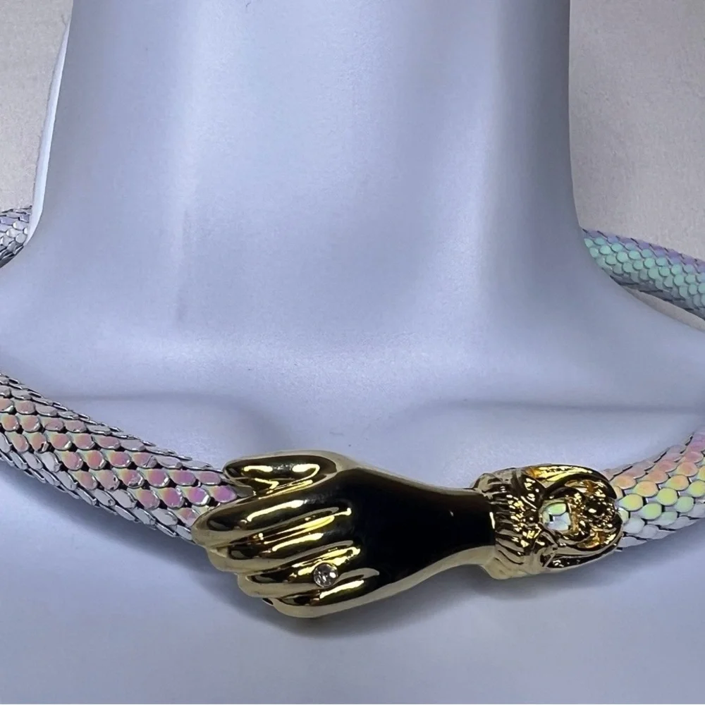 Vintage DL Auld Iridescent White Dragonscale Choker Mesh Snake Collar Necklace - Picture 3 of 11